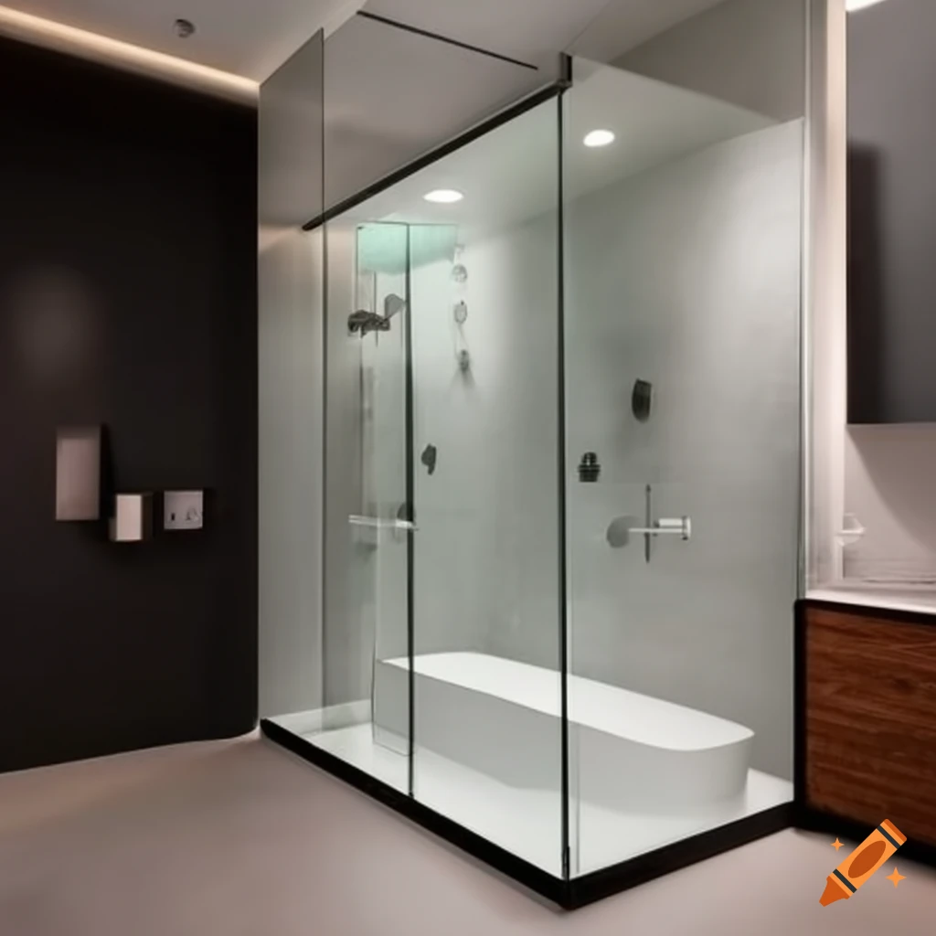Stylish modern shower with glass doors and lighting on Craiyon