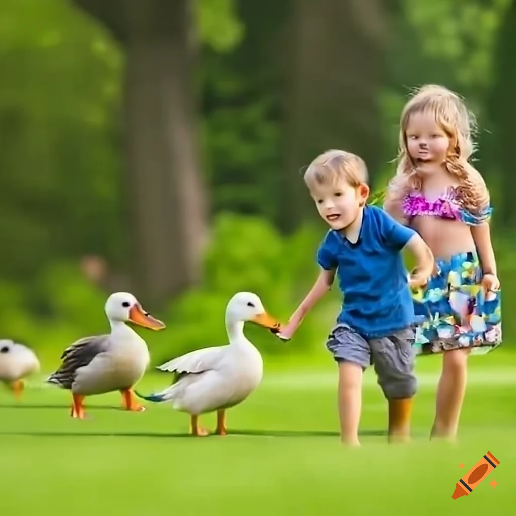 children playing with ducks by the pond