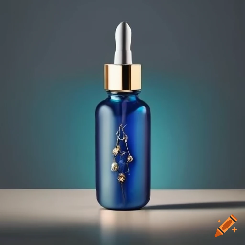 Elegant serum bottle with blue and gold accents on Craiyon