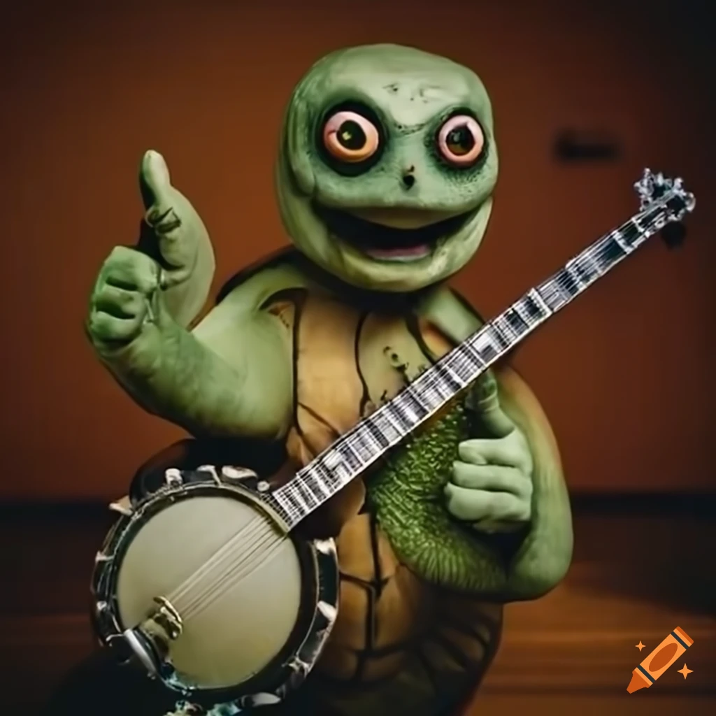 funny turtle playing banjo with a smile