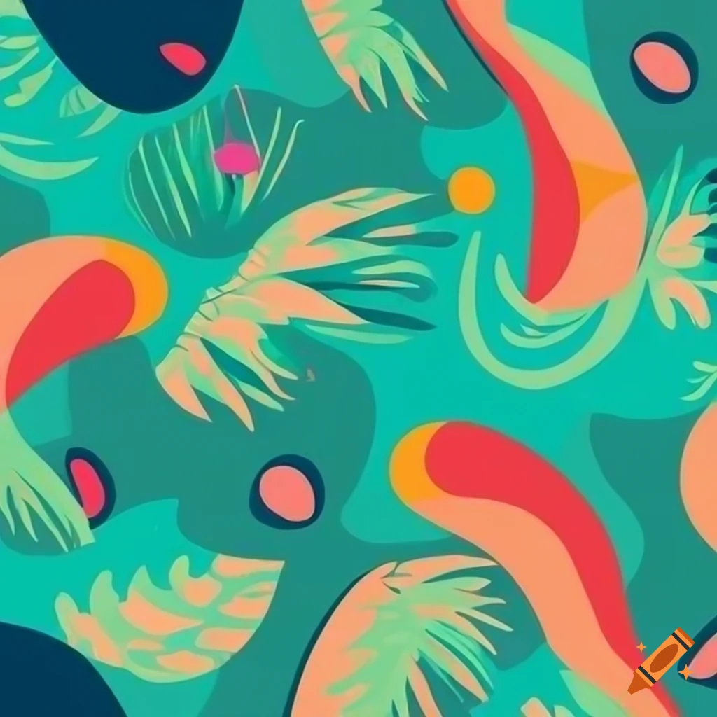 70s vintage style vector art with abstract tropical shapes and colors