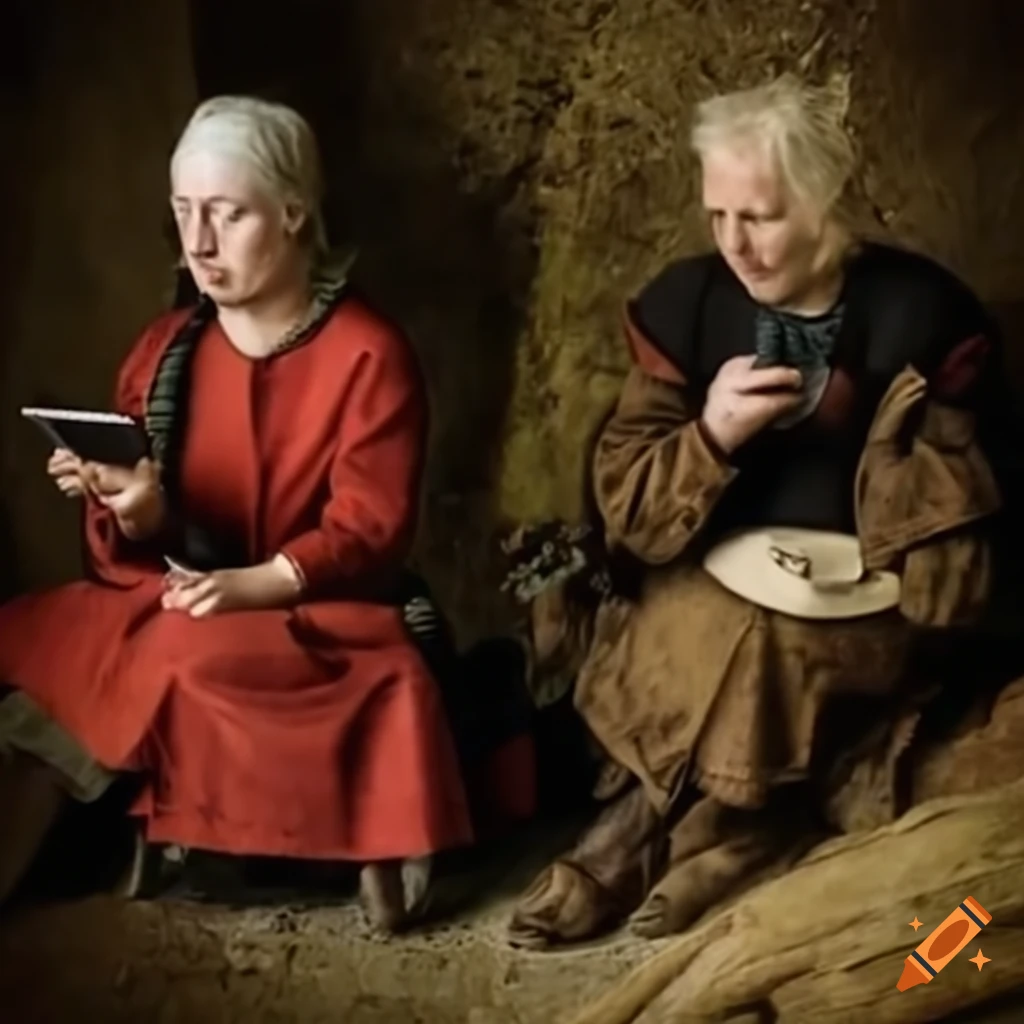 medieval peasants with smartphones in a rural setting