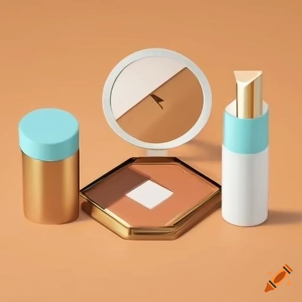 Isometric view of minimalist gold makeup cosmetics on Craiyon