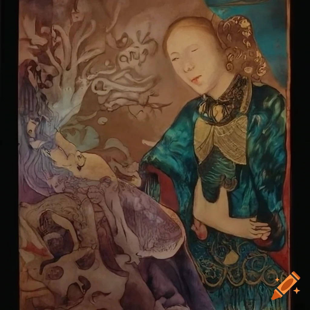 quicksilver silk-print of an artist-magician in a rustic studio