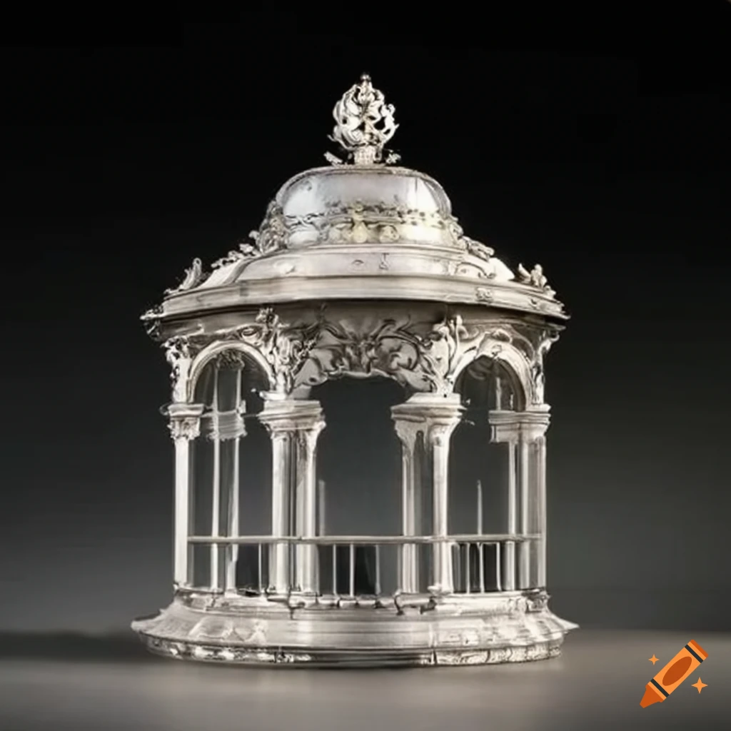 silver ornamental gazebo with a fountain