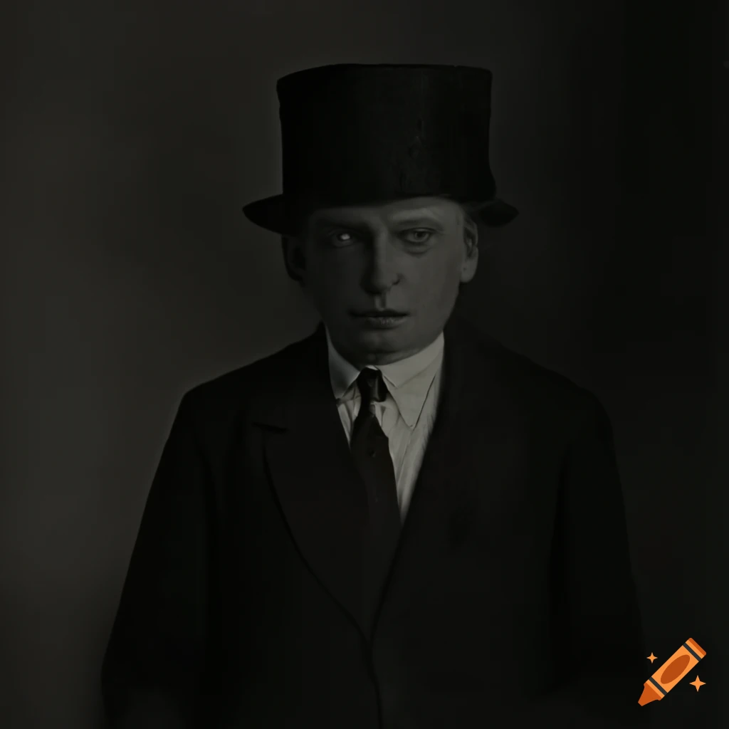 1920s haunting portrait of a tall man with a stovepipe hat