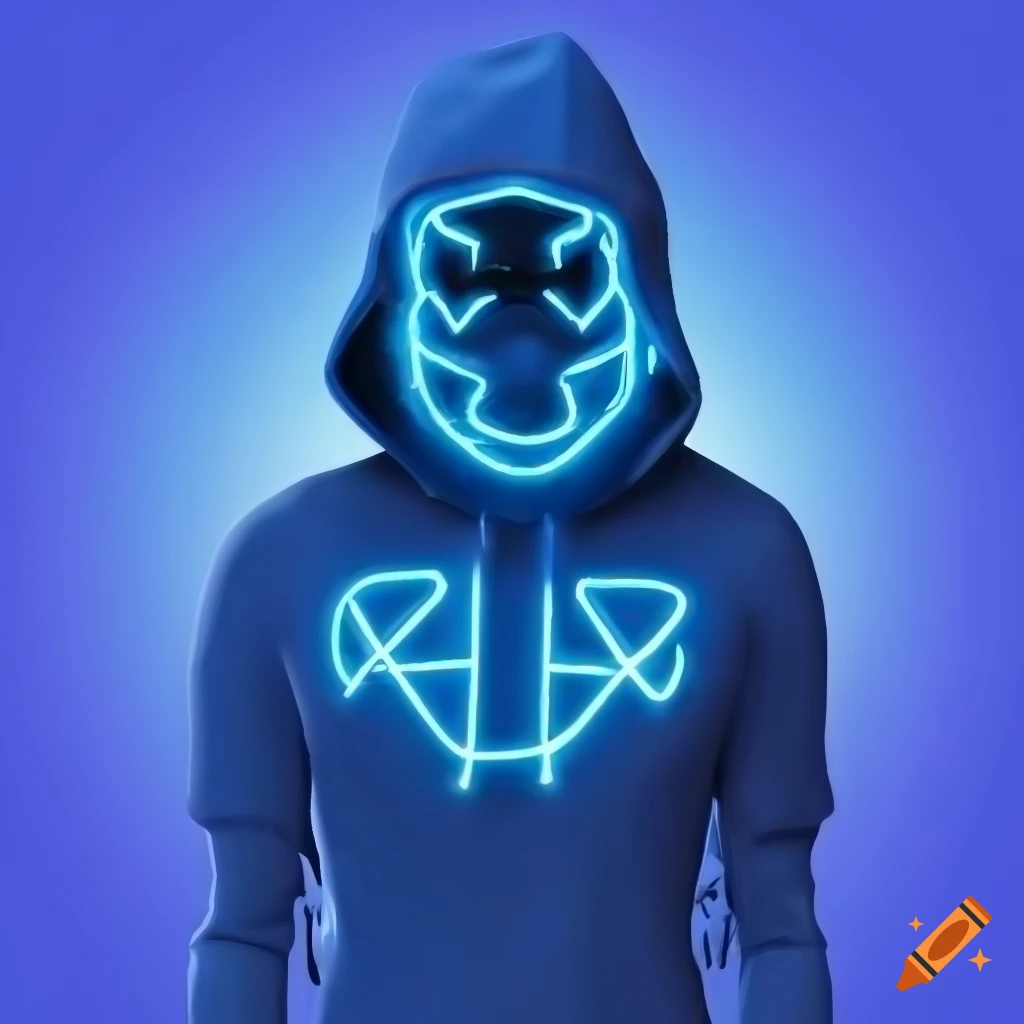 Blue neon character with a mask and hood on Craiyon