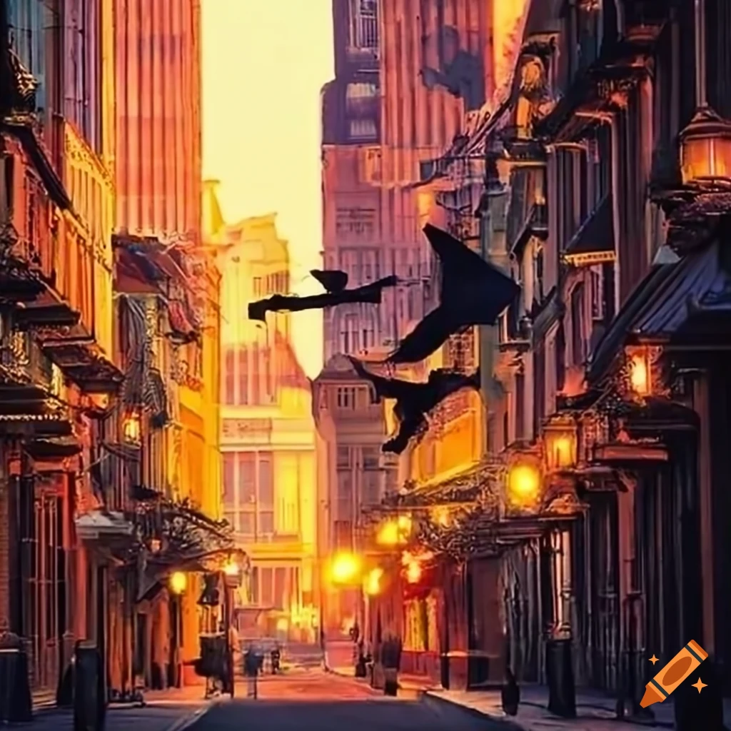 Magical cityscape of new orleans with flying witches