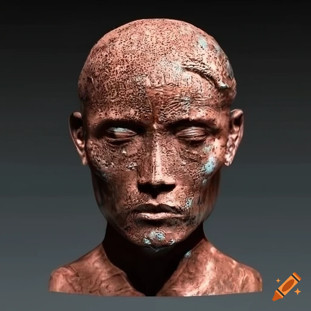 3d sculpture of a human head made of oxidized copper