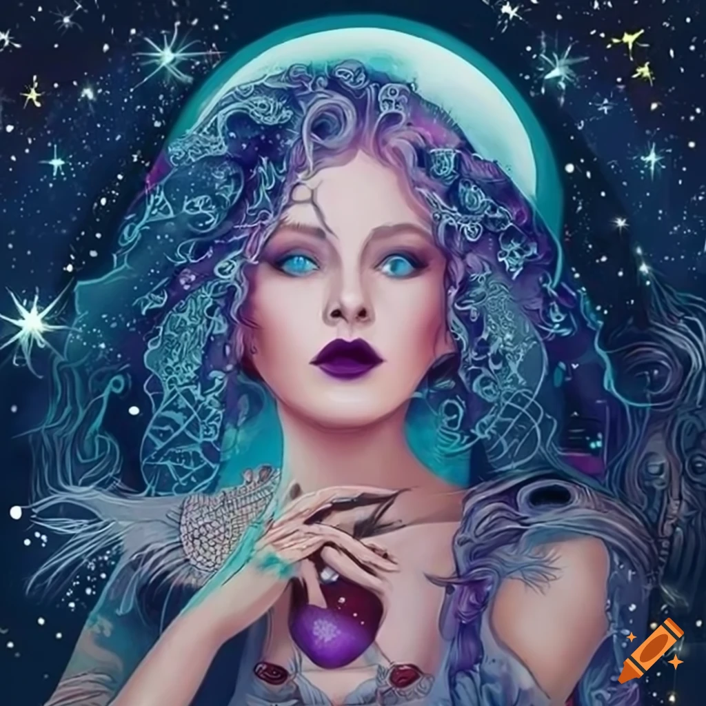 Beautiful witch holding stars and moon