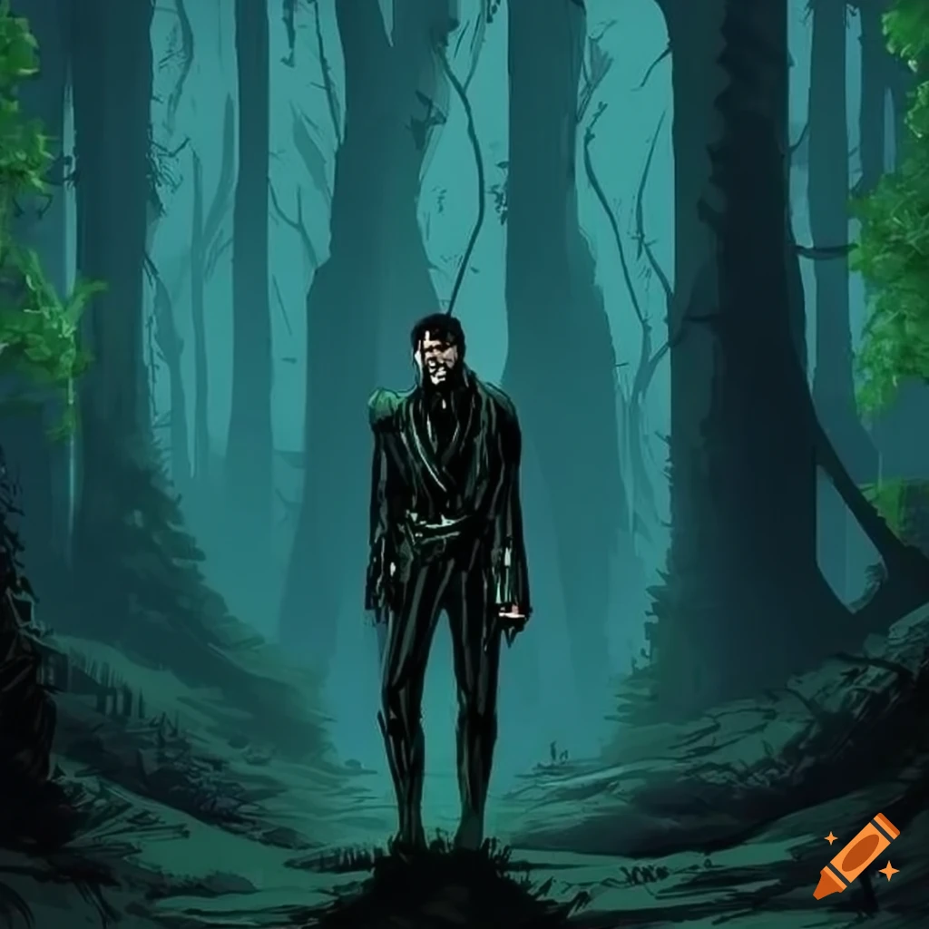 comic book art of a scifi man in a dark forest