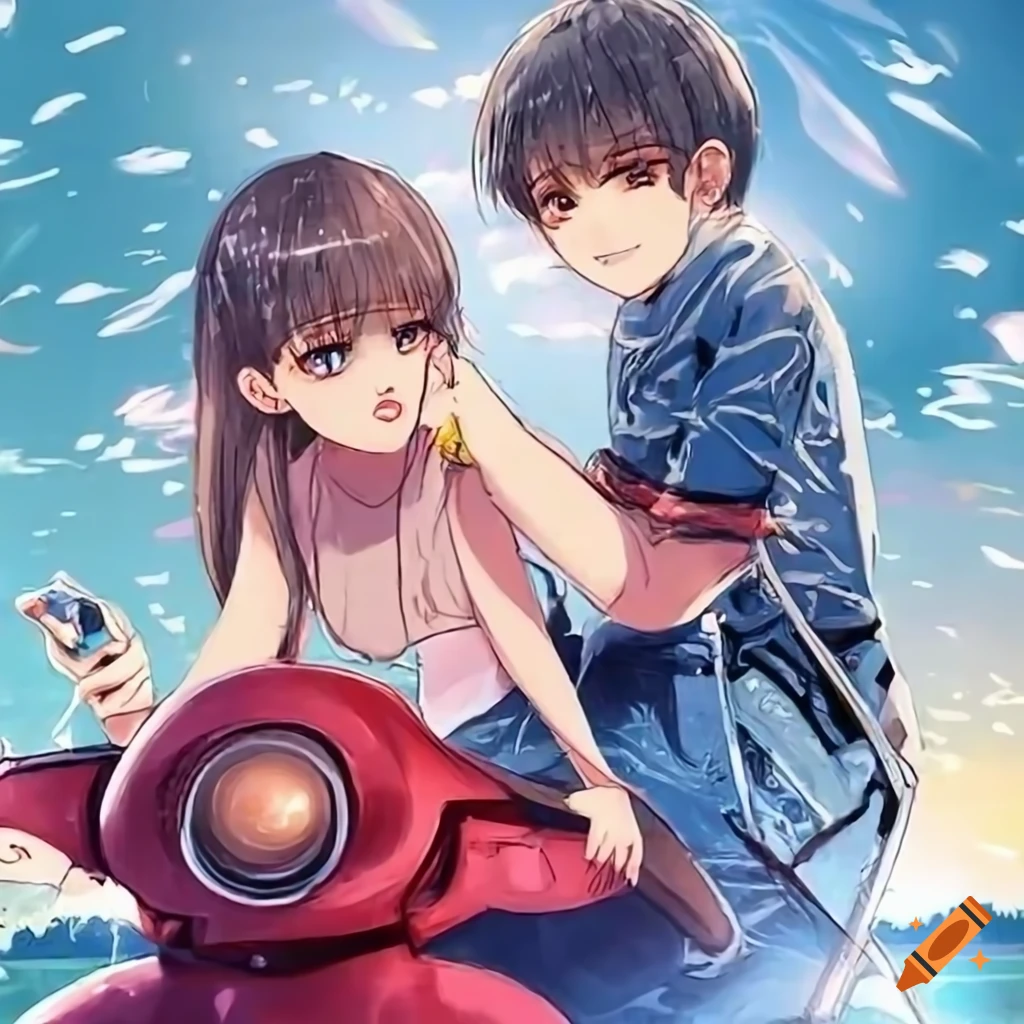 couple riding a scooter and taking a selfie