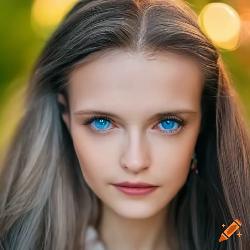 Portrait of a beautiful woman with grayish hair and blue eyes on Craiyon