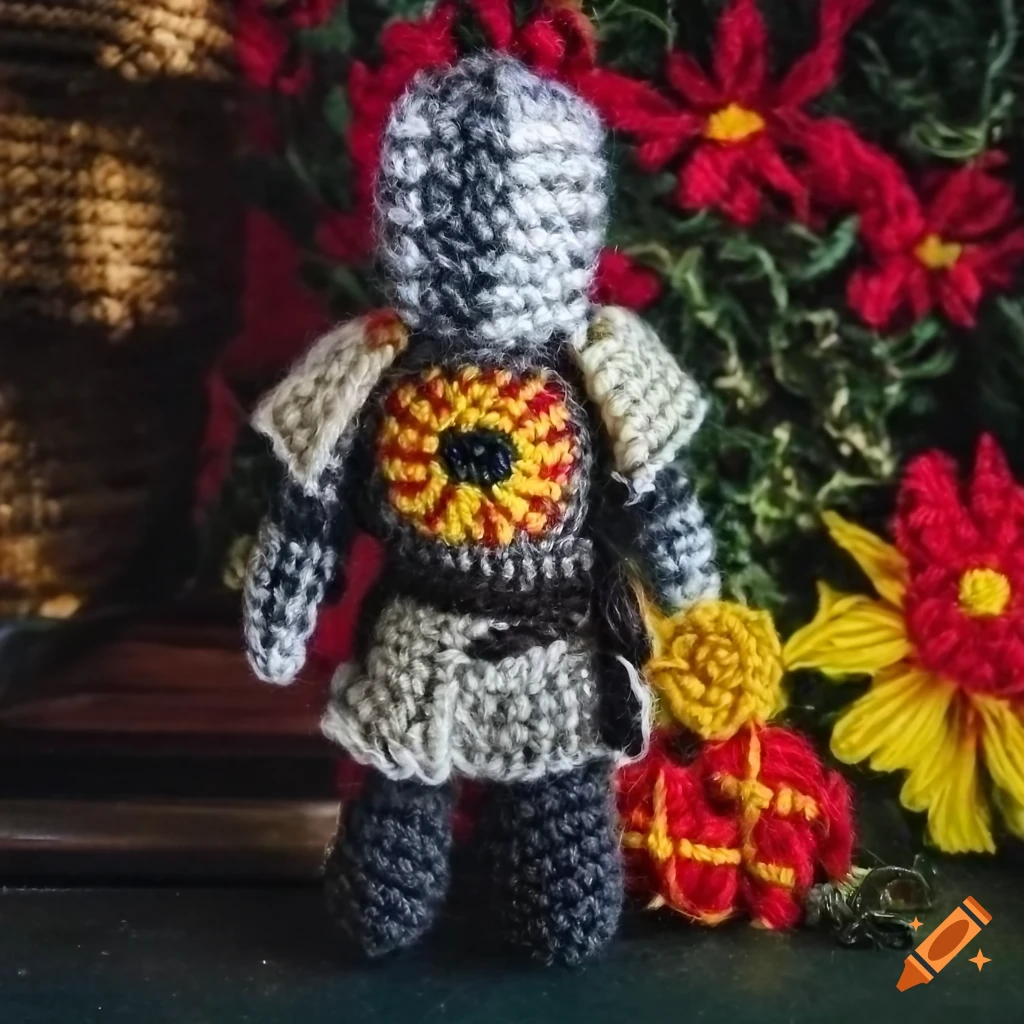photorealistic amigurumi figure of Solaire of Astora from Dark Souls