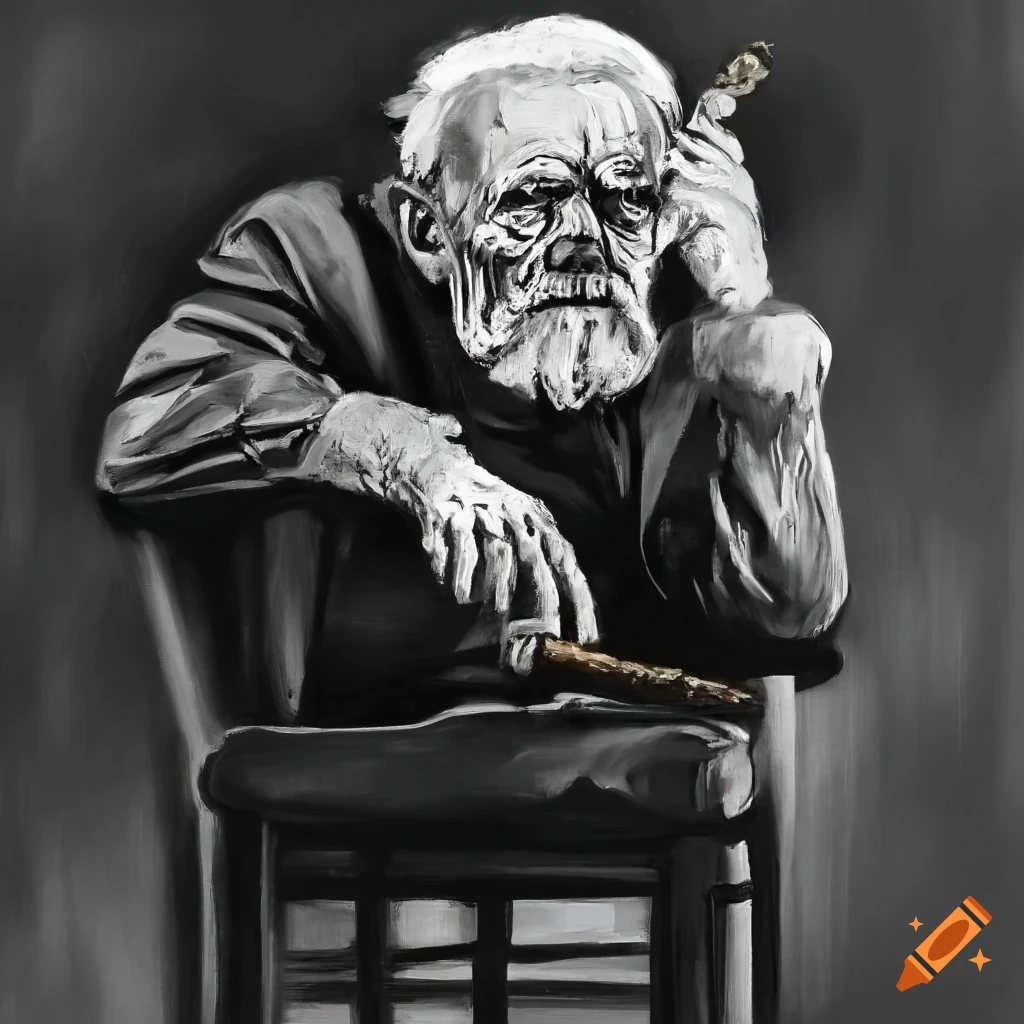 black and white painting of a contemplative old man with a cigar