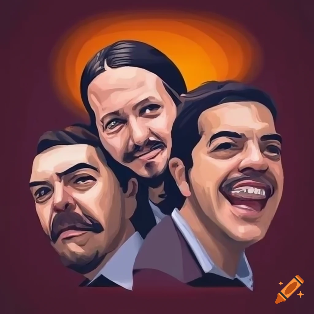 caricature drawing of Pablo Iglesias, Beppe Grillo, and Alexis Tsipras