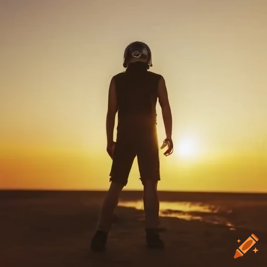 silhouette of a man holding a helmet at sunset