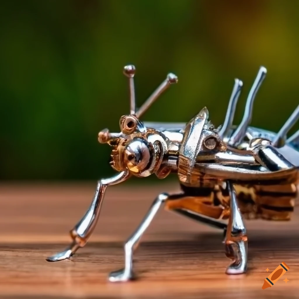 Close-up photo of a steampunk insect on a wooden table on Craiyon