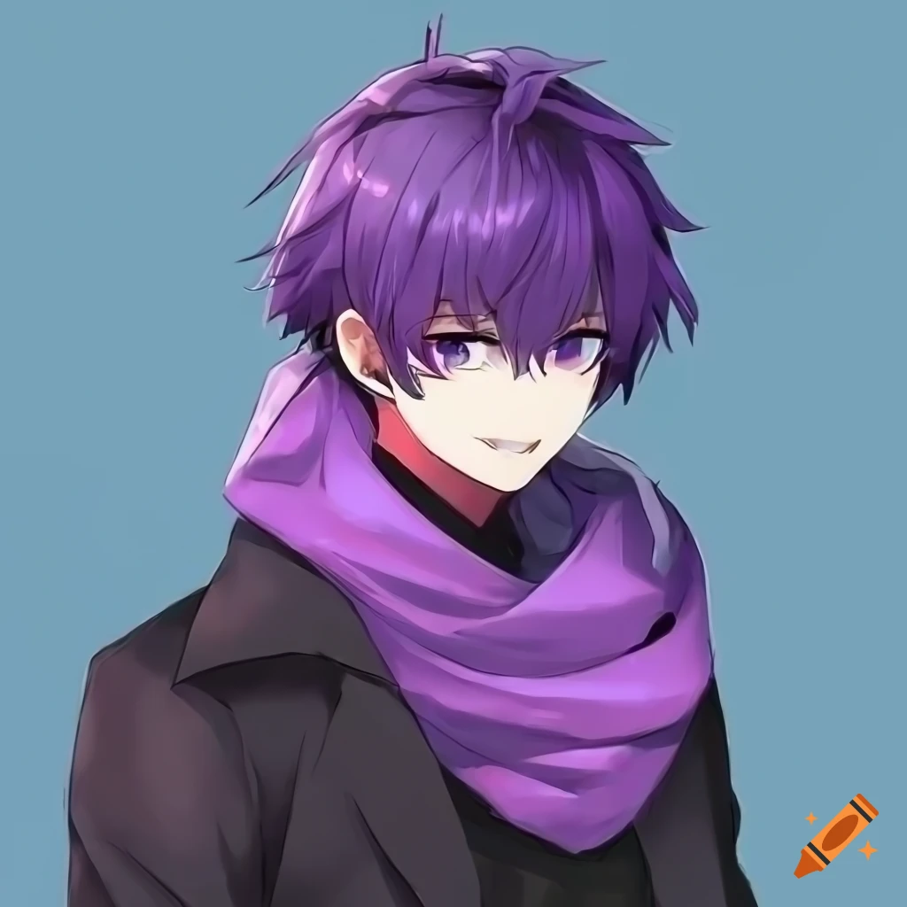 Purple haired boy with charismatic smile and stylish outfit