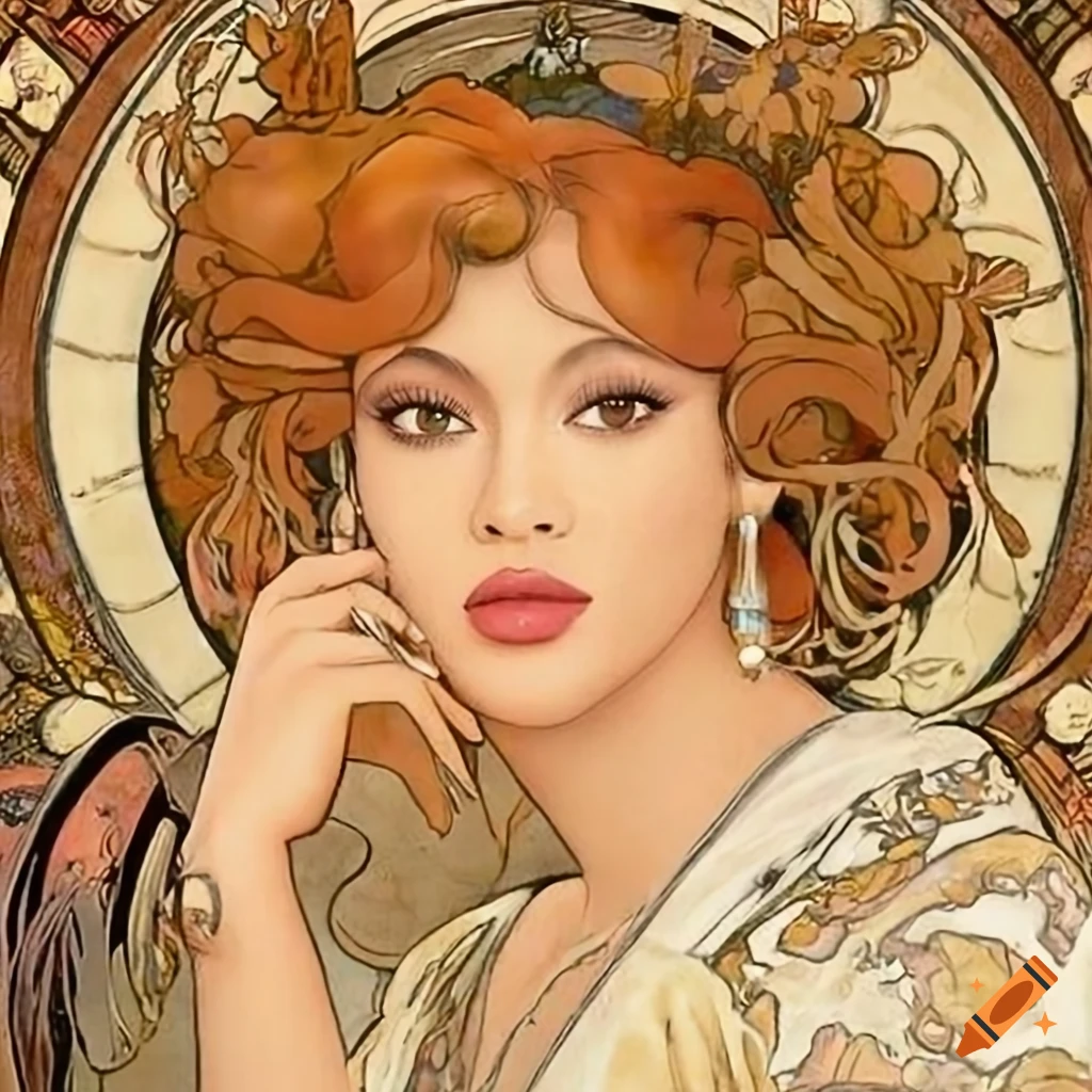 Art nouveau style illustration of beyonce with flowers on Craiyon