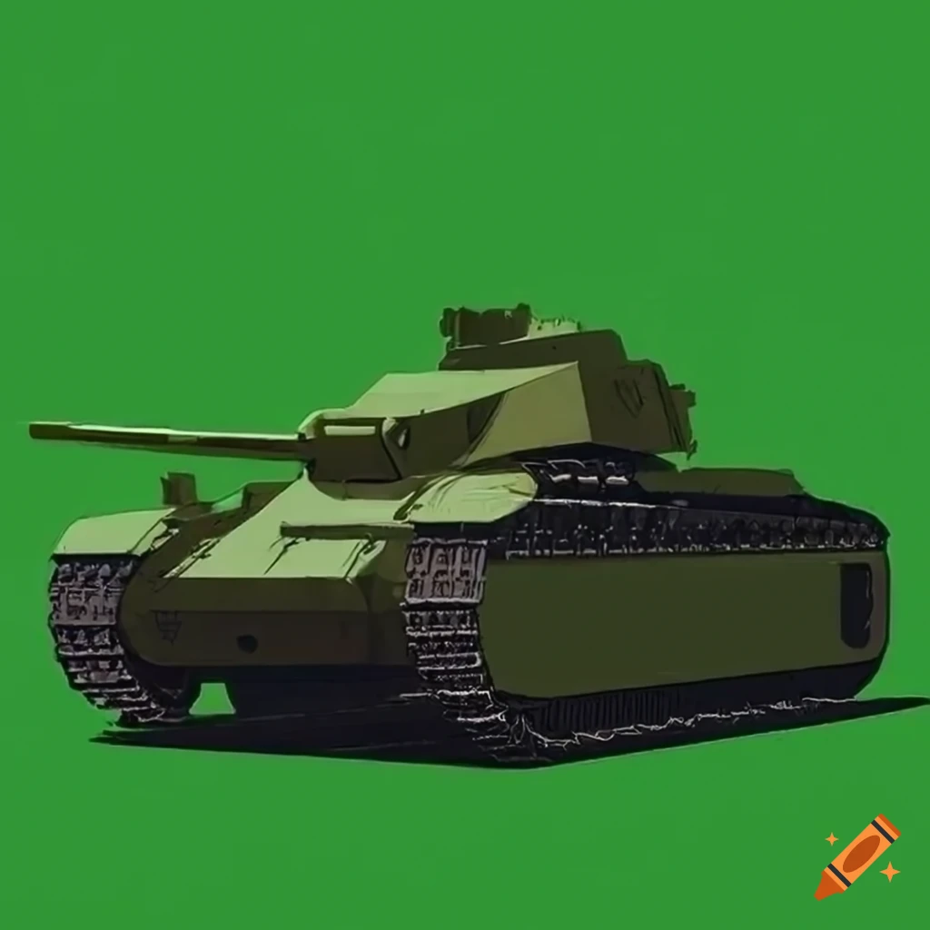Minimalistic artwork of a tank in green fields on craiyon