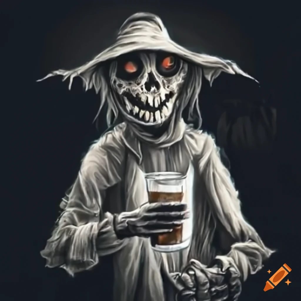 scary scarecrow holding a beer in a brewery