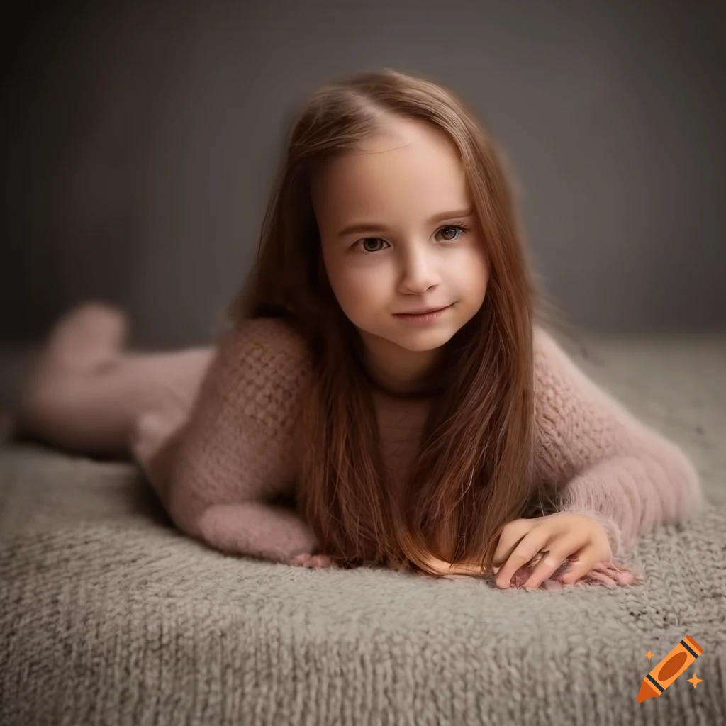 Cute girl in a knitted dress lying on a carpet