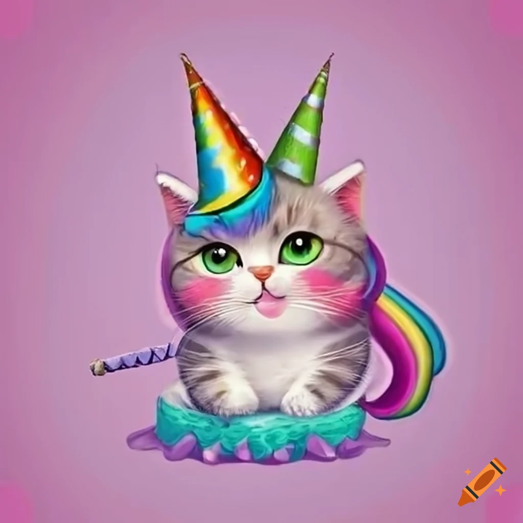 Adorable cat unicorn with a birthday hat and card on Craiyon