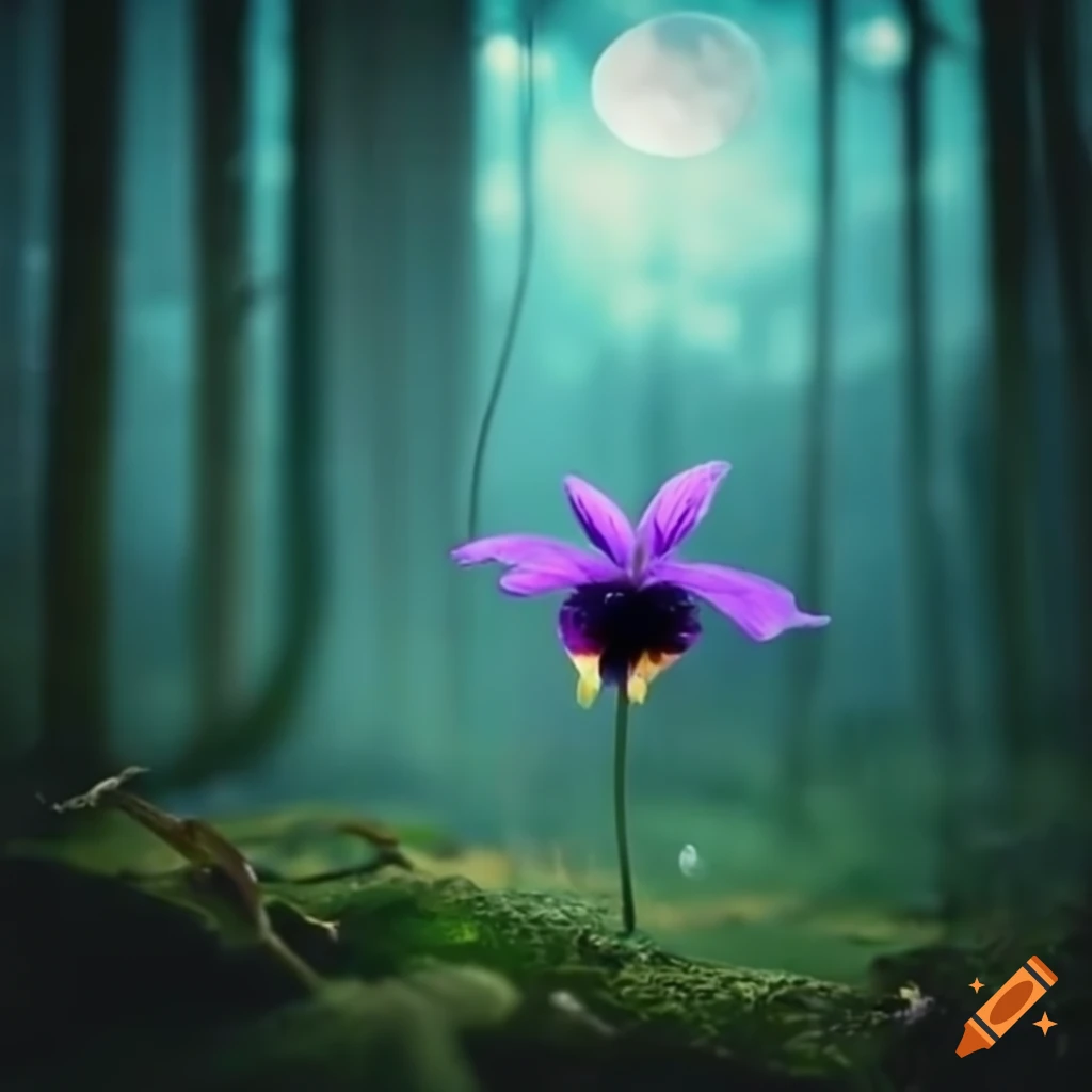 Violet flower illuminated by moonlight in the forest on Craiyon
