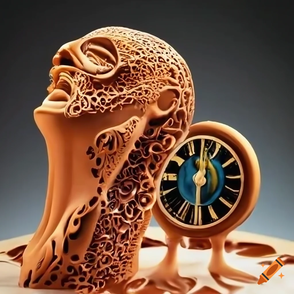 Chocolate sculpture of salvador dali surrounded by melting clocks on