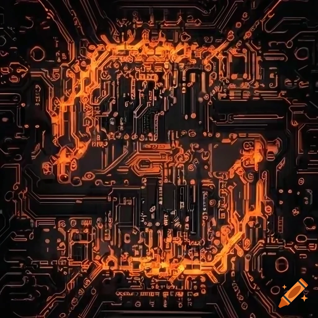 Abstract artwork of glowing orange circuit boards on Craiyon