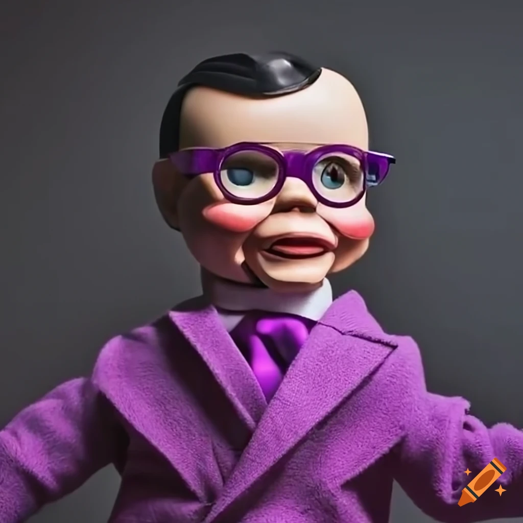 Detailed image of a ventriloquist dummy wearing a sweater and purple ...