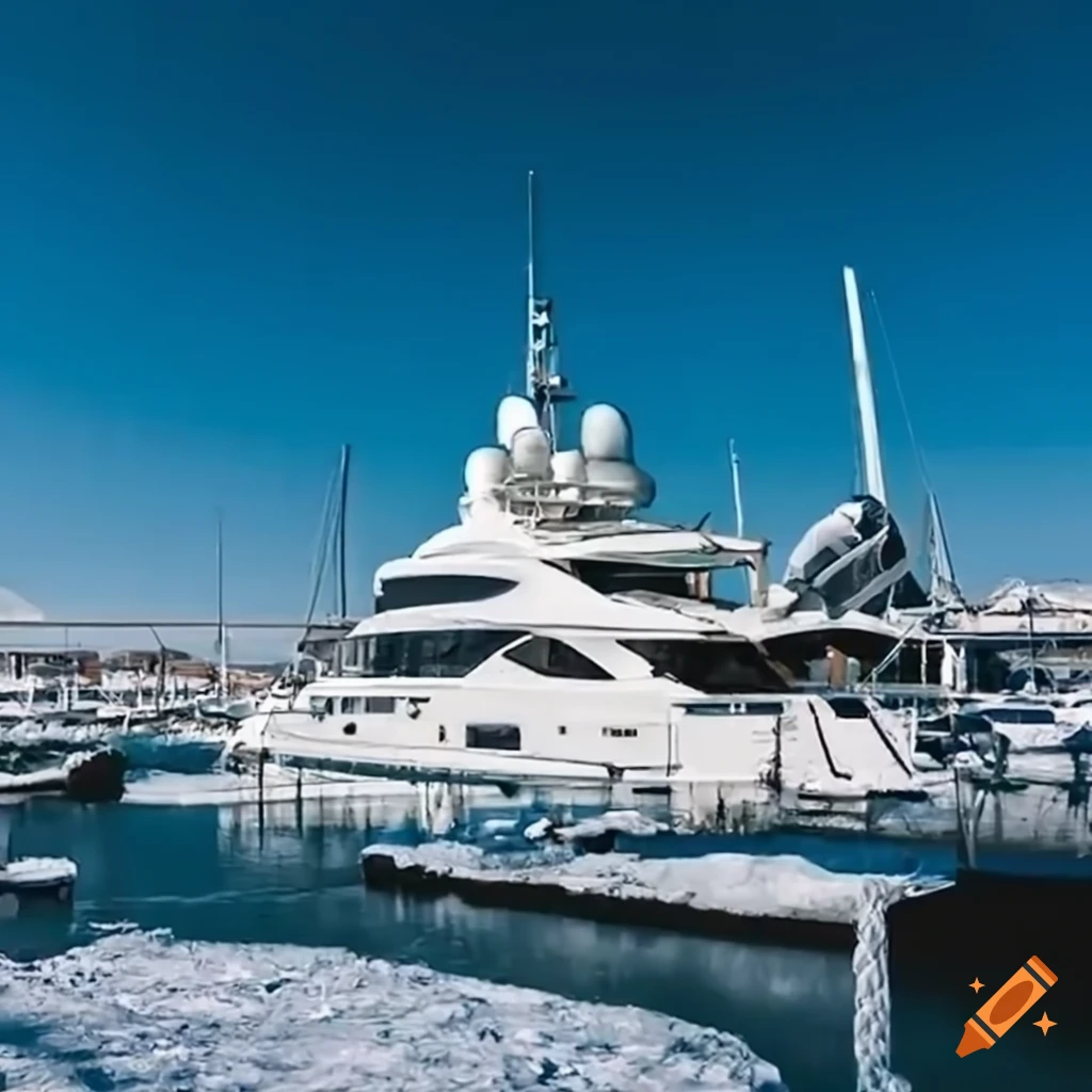 yacht moored in a snowy marina