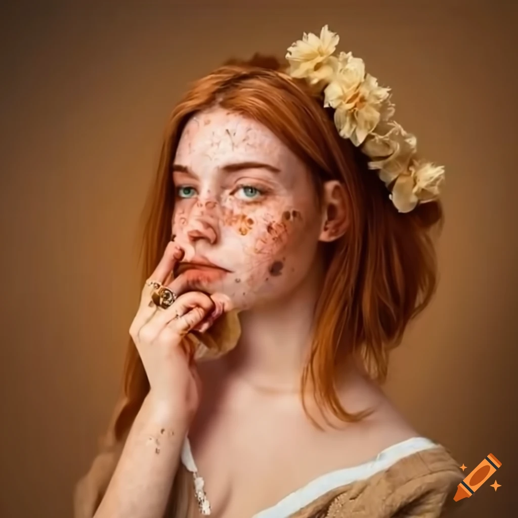 young woman with freckles in cottagecore outfit