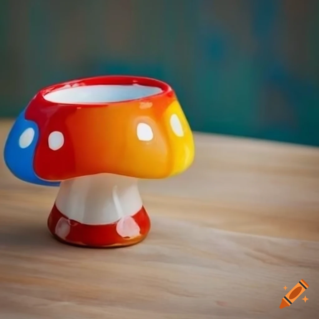 Colorful mushroomshaped mug on a table