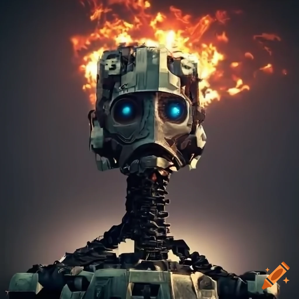 dystopian robot in a forest with explosions