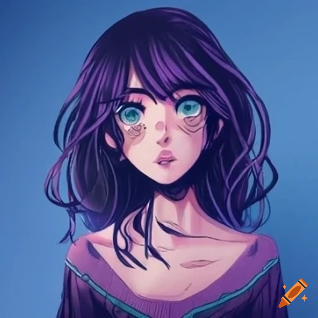 cute anime girl with long messy black hair and blue purple eyes on Craiyon