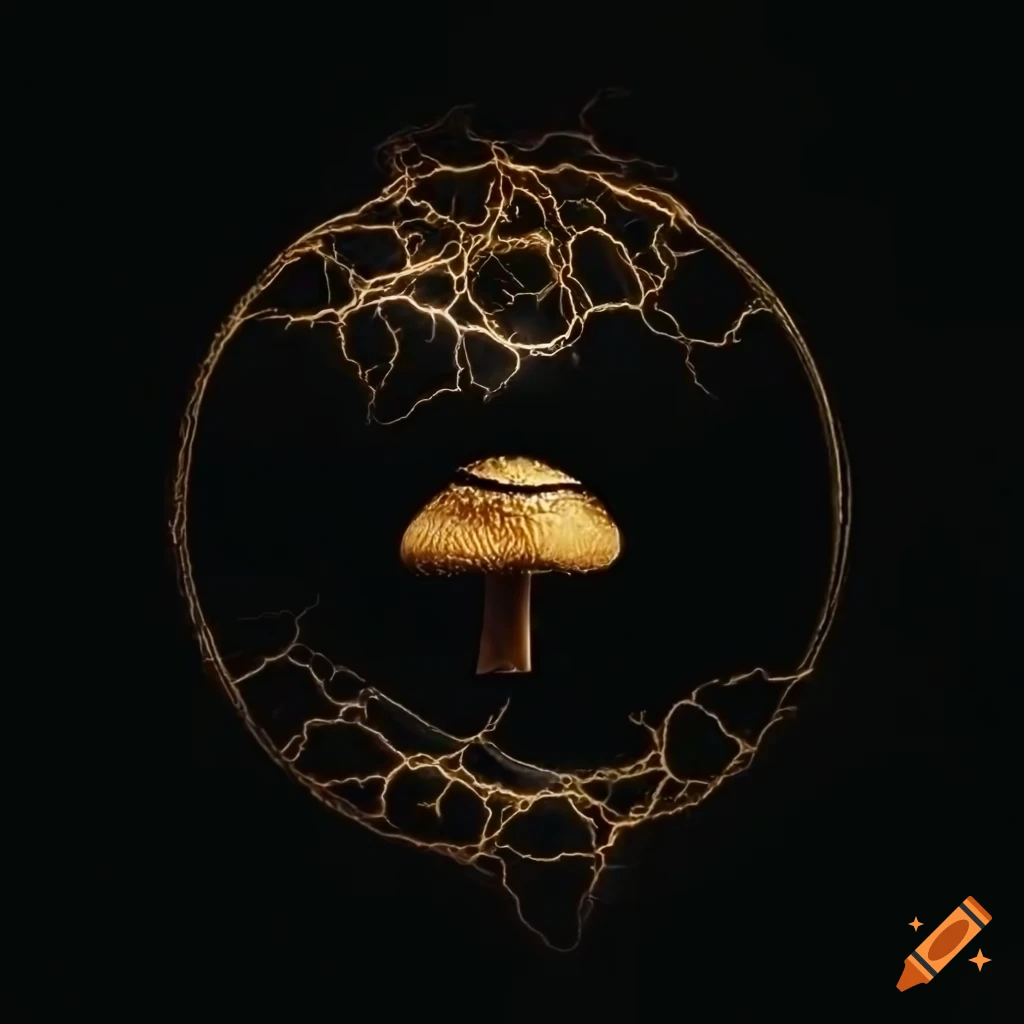 luxurious black and golden logo with a mushroom inside a lightning bolt circle