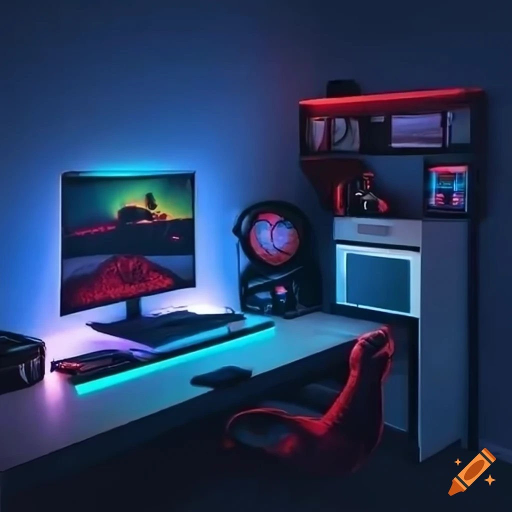 Gaming room setup with a powerful computer and colorful led lights on  Craiyon
