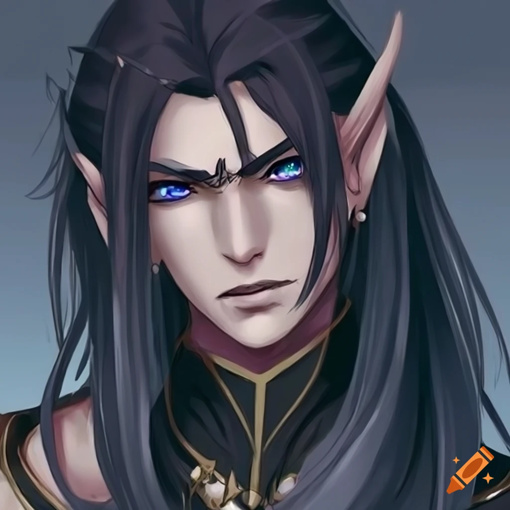 elven male anime character with dark hair and magic