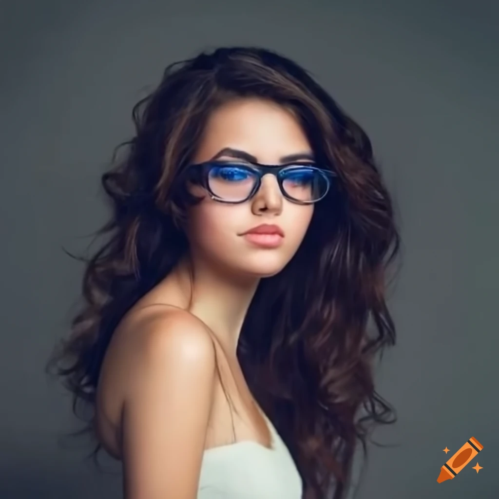 young woman with wavy hair and dark blue glasses