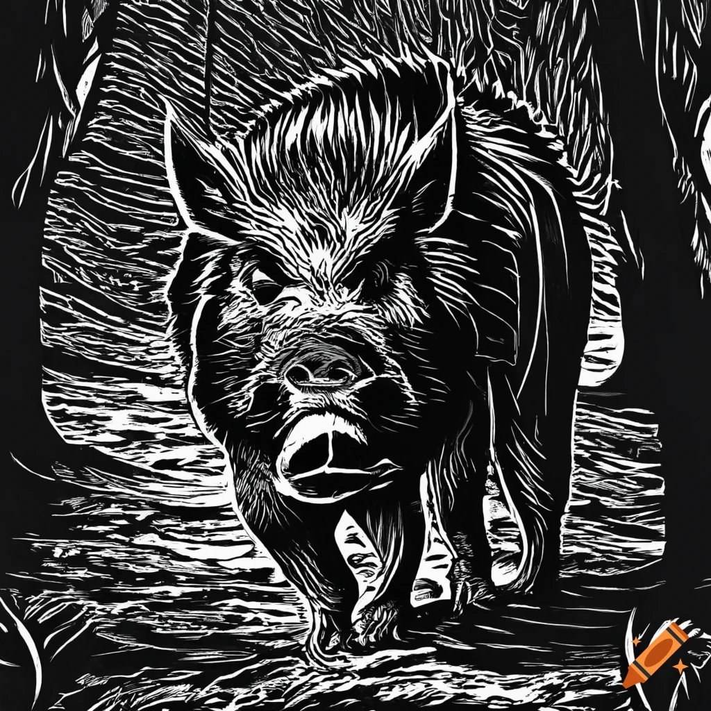 black and white woodcut style of a wild boar in front of a forest