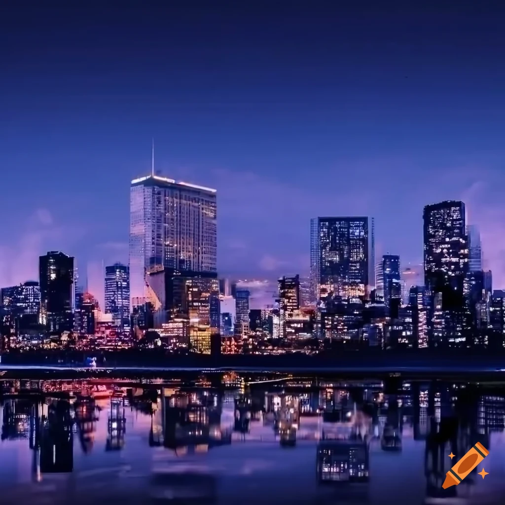 City night view with tall buildings and a river on Craiyon
