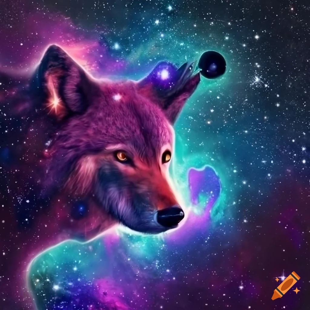 Cosmic wolf and deer in a nebulous background