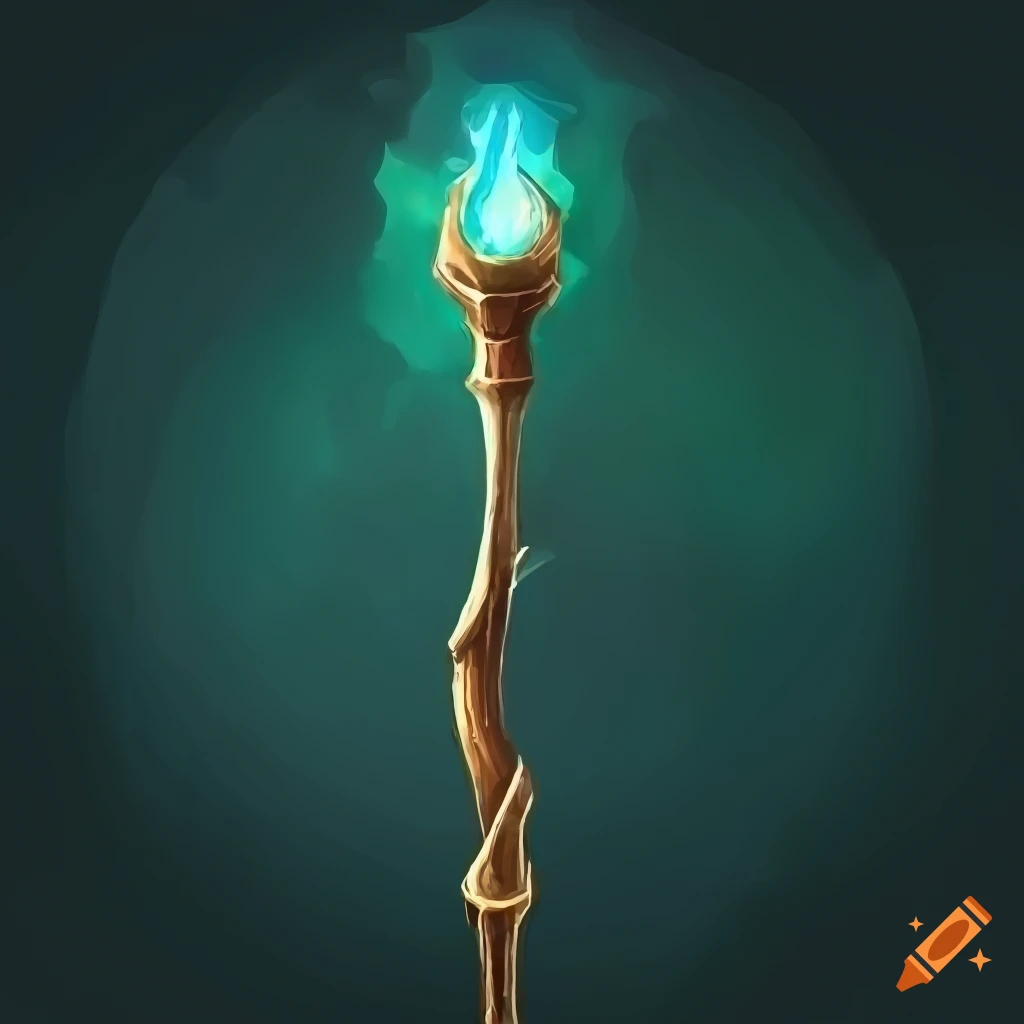 concept art of a medieval magic staff with a green crystal