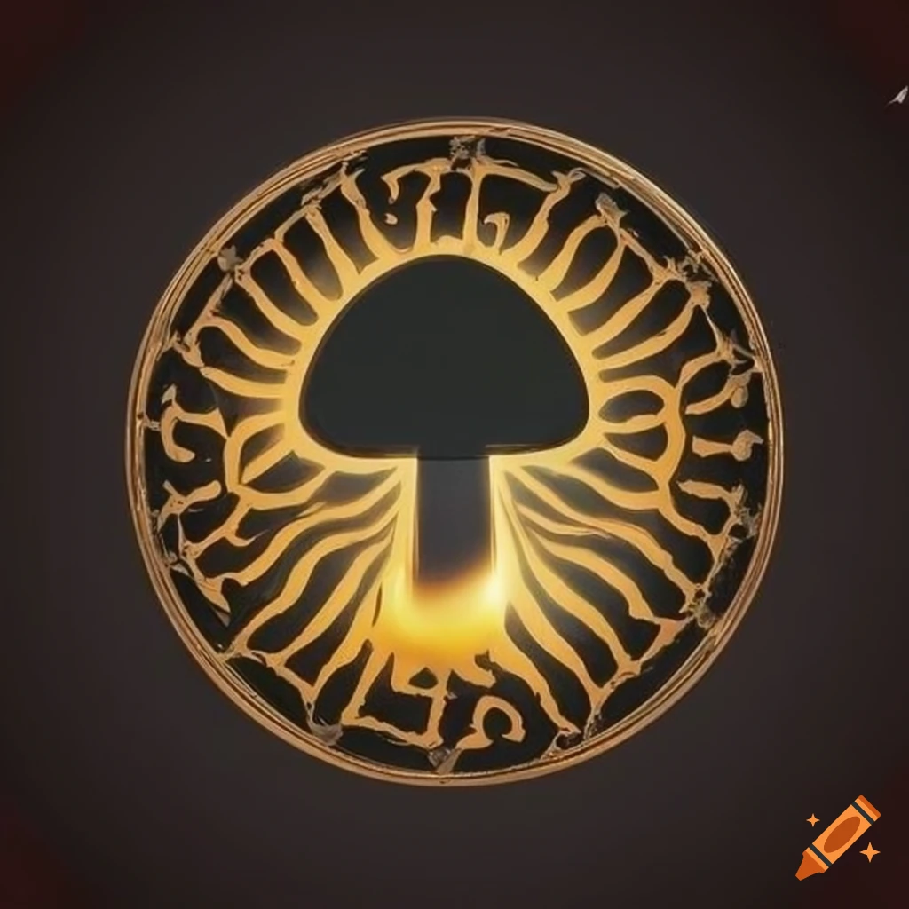luxurious and elegant logo design with a black and golden mushroom inside a golden lightning bolt circle