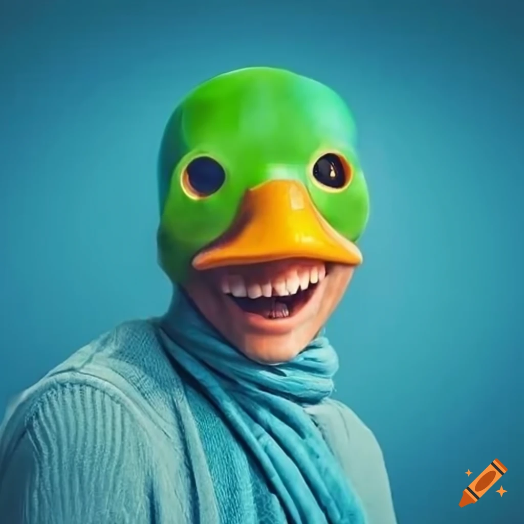 man wearing a duck mask with a yellow beak laughing