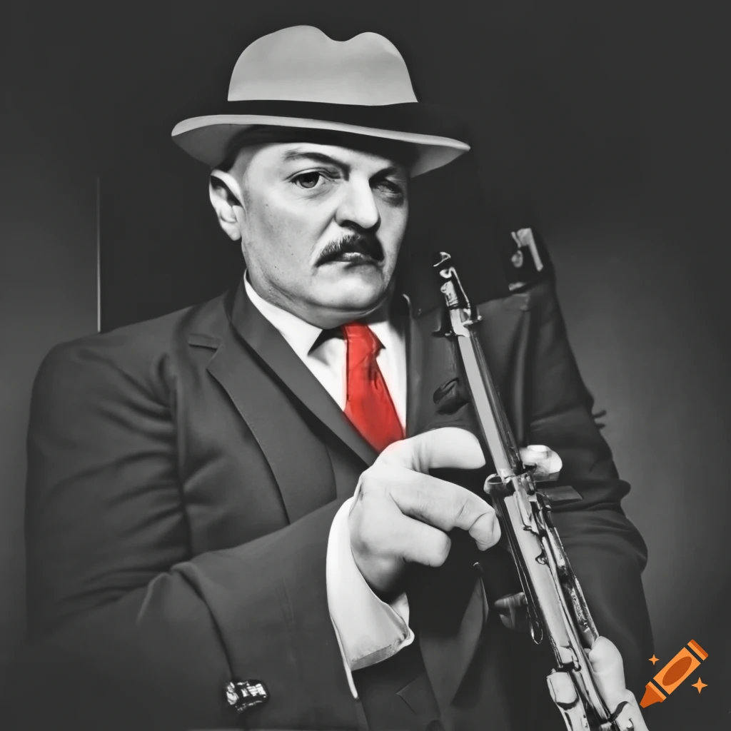 Bw photo of a 1940s style mafia man with a gun on craiyon