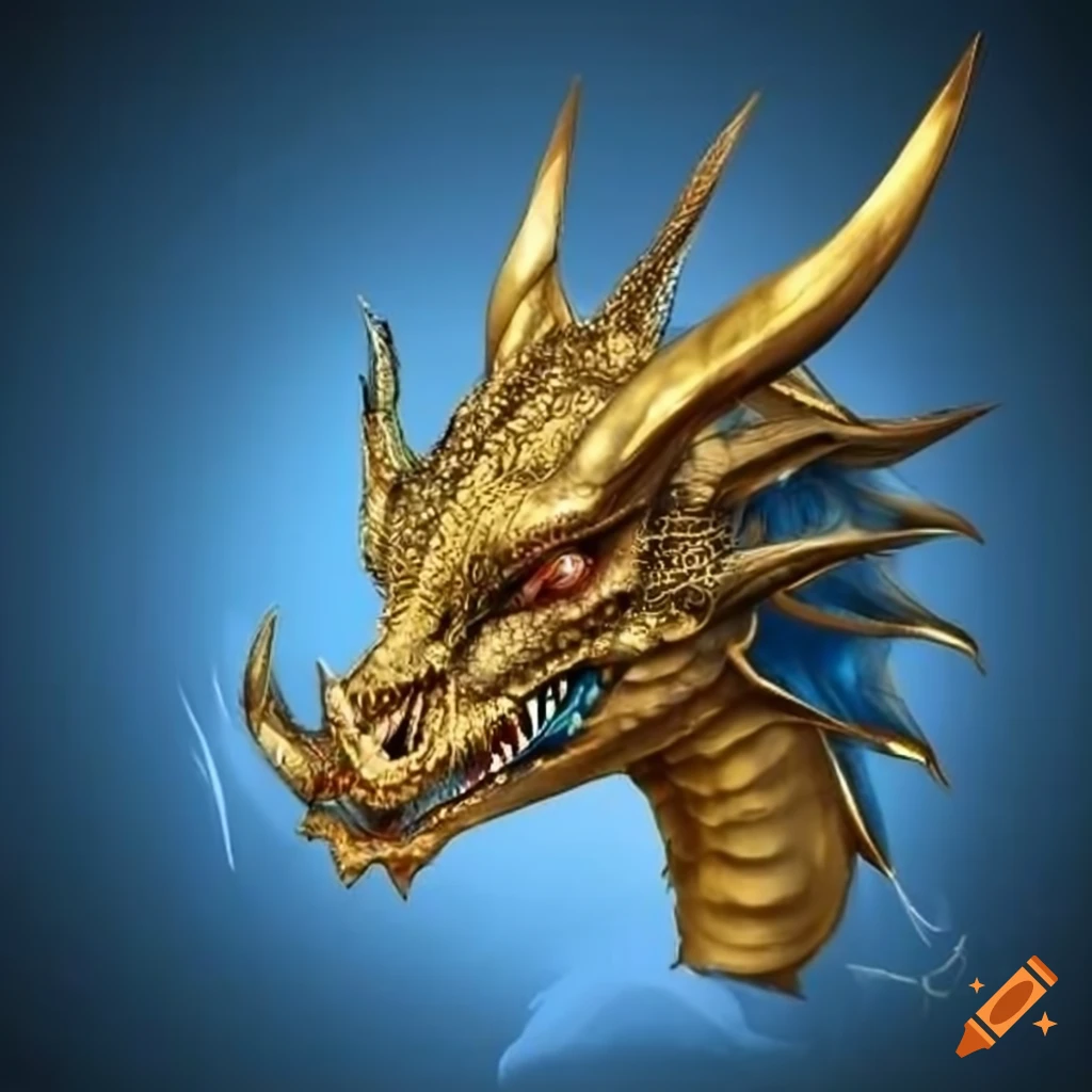Head of a gold dragon with blue dragon eyes and cyan-colored gills on  Craiyon
