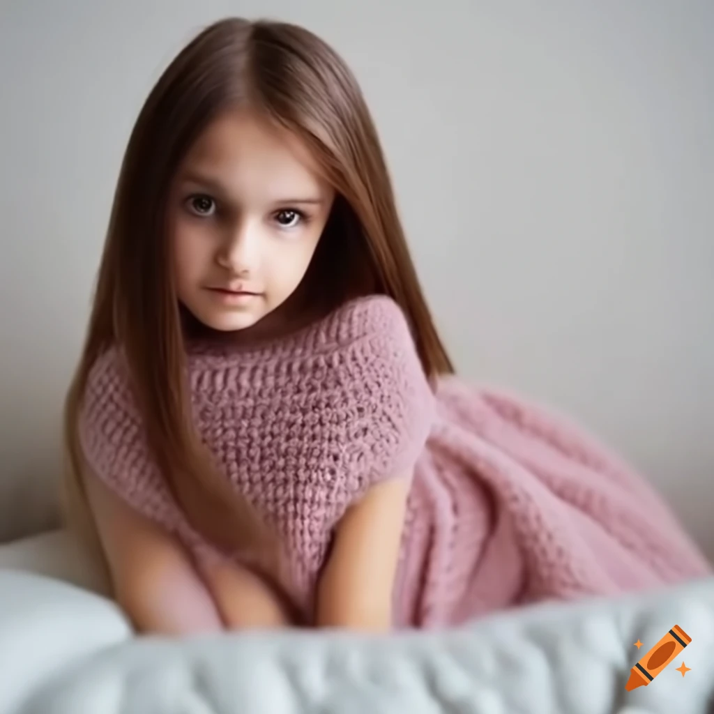 Girl in knitted dress on a bed on Craiyon